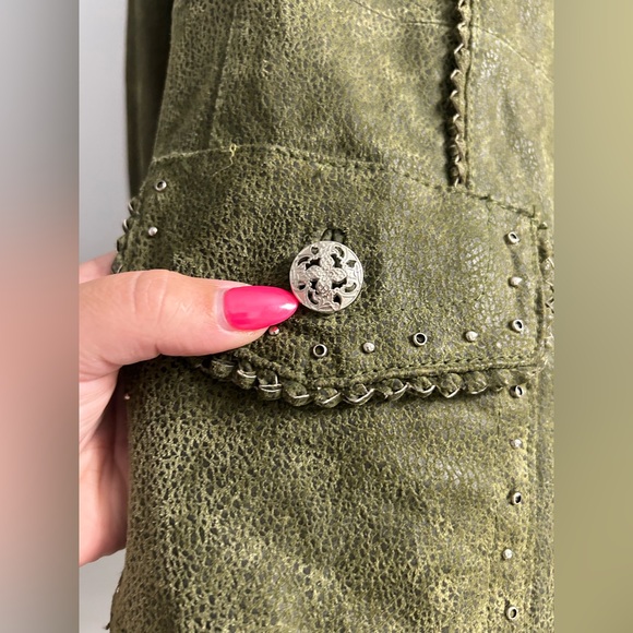 Bradley Bayou Blazer jacket Womens Large Green Leather Studded Woven Trim READ - Picture 6 of 9